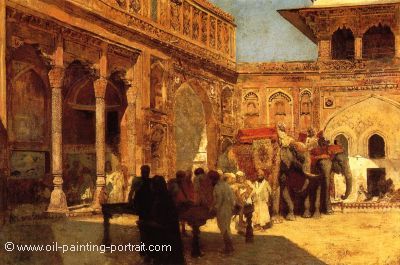 Elephants and Figures in a Courtyard Fort Agra