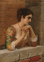 Eugene de Blaas  - Peintures - Beauté vénitienne au balcon