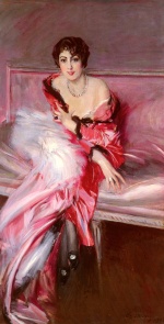 Giovanni Boldini - Peintures - Portrait de Madame Juillard vêtue de rouge