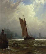 Alfred Thompson Bricher - paintings - New York Harbour with the Brooklyn Bridge under Construction
