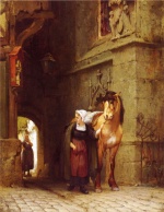 Frederick Arthur Bridgman - Peintures - Menant le cheval hors de l´écurie 