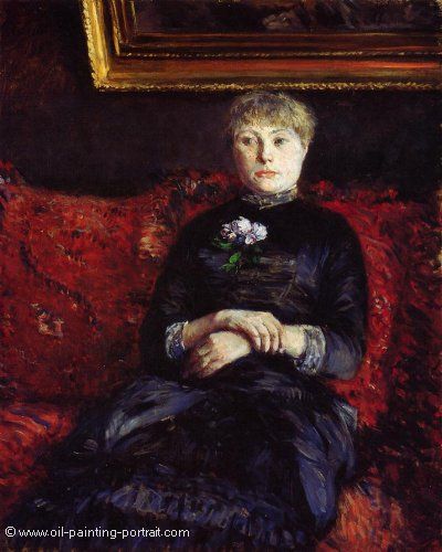 Woman Sitting on a Red Flowered Sofa