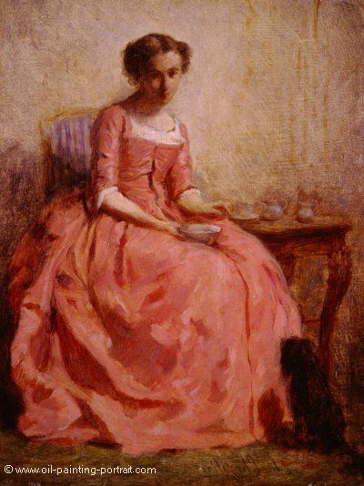 Girl in a Pink Dress Reading with a Dog