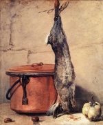 Jean Baptiste Siméon Chardin - Peintures - Lapin, chaudron de cuivre et coing