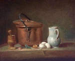 Jean Baptiste Siméon Chardin - Peintures - Nature morte avec poêle de cuivre, pilon et mortier