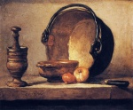 Jean Simeon Chardin - Peintures - Nature morte avec un pilon, coupe, chaudron de cuivre, oignons et couteau