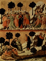 Duccio di Buoninsegna - Peintures - Le baiser de Judas et la prière sur le mont des Oliviers