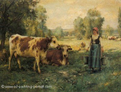 A Milk Maid with Cows and Sheep