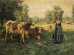 Julien Dupré - Peintures - Une jeune laitière avec vaches et les moutons