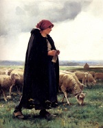 Julien Dupré - Peintures - Une bergère avec son troupeau