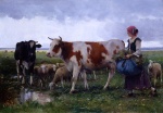 Julien Dupré - Peintures - Paysanne avec des vaches et des moutons