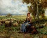 Julien Dupre - paintings - Shepherdess Watching Over Her Flock