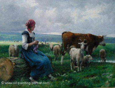Shepherdess with Goat  Sheep and Cow