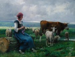 Julien Dupre - paintings - Shepherdess with Goat, Sheep and Cow