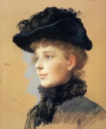 Frank Duveneck - Peintures - Portrait d'une femme avec un chapeau noir