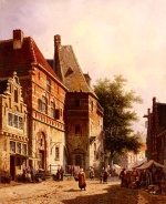 Adrianus Eversen - Peintures - Une rue ensoleillée un jour de marché