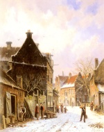 Adrianus Eversen - Peintures - scène de rue de Village en hiver