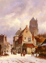 Adrianus Eversen - Peintures - Une scène de rue hivernale