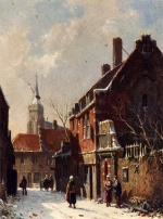 Adrianus Eversen - Peintures - Personnages dans les rues d'une ville néerlandaise en hiver