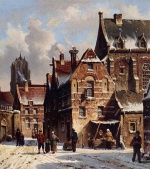 Adrianus Eversen - Peintures - Personnages dans les rues d'une ville en hiver