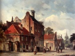Adrianus Eversen - Peintures - Vue d'une ville avec personnages dans une rue ensoleillée