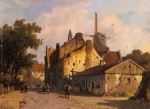 Adrianus Eversen - Peintures - Scène de village avec moulin à vent