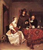 Gerhard ter Borch - Peintures - Une jeune femme jouant du théorbe à deux hommes