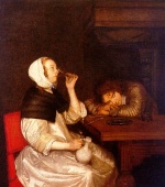 Gerhard ter Borch  - paintings - Woman Drinking with a Sleeping Soldier