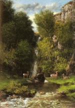 Gustave Courbet - Peintures - Groupe de daims dans un paysage avec une cascade