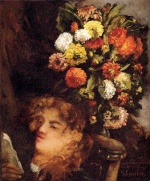 Gustave Courbet  - Peintures - Tête de femme avec des fleurs