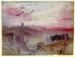 Joseph Mallord William Turner  - Peintures - Vue sur la ville au coucher du soleil (Un cimetière au premier plan)