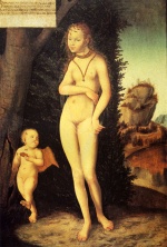 Lucas Cranach  - Peintures - Vénus avec Cupidon le voleur de miel