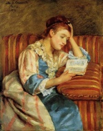 Mary Cassatt  - Peintures - Mme Duffee assis sur un canapé à rayures, lisant