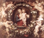 Pierre Paul Rubens  - Peintures - Madone encadrée d´ une couronne de fleurs