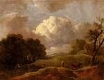 Thomas Gainsborough - Bilder Gemälde - An Extensive Landscape With Cattle And A Drover