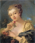 Francois Boucher  - Peintures - Jeune femme avec un bouquet de roses