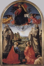 Bild:Christ in Heaven with Four Saints and a Donor