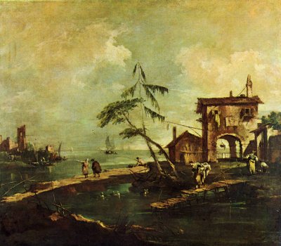 Baufaellige Kirche  Bauernhaus und Figuren an einem Fluss der Lagune