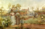 Alfred Glendening - Peintures - Une dame et sa domestique cueillant des chrysanthèmes