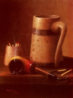 William Michael Harnett - Bilder Gemälde - Still Life, Pipe And Mug