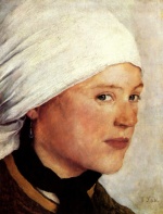 Wilhelm Leibl - Peintures - Fille de paysan avec foulard blanc