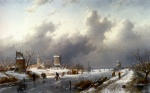 Wilhelm Leibl - Peintures - Paysage d'hiver gelé avec patineurs