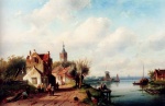 Charles Henri Joseph Leickert - Peintures - Un village le long d'une rivière, avec ville à l´arrière-plan