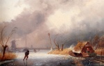 Charles Henri Joseph Leickert - Peintures - Paysage d'hiver avec patineurs sur un canal gelé