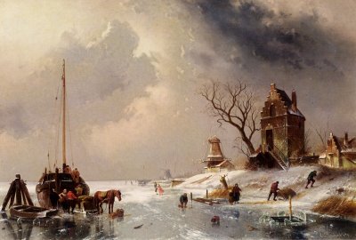 Figures Loading a Horse Drawn Cart on the Ice