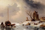 Charles Henri Joseph Leickert - Peintures - Personnages chargeant une carriole sur la glace