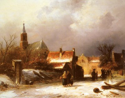Figures on a Snow Covered Path with a Dutch Town beyond