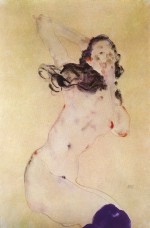 Egon Schiele  - Peintures - Femme nue avec des bas bleus