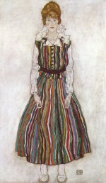 Egon Schiele  - Peintures - Portrait d'Edith Schiele en robe à rayures