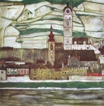 Egon Schiele  - Bilder Gemälde - Stein on the Danube with Terraced Vineyards